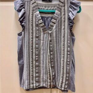 Striped Gray Ruffle Cap Sleeve Women's Top Soft Fabric